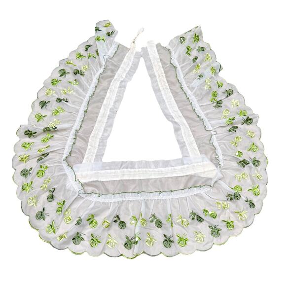 Vtg Embroidery Floral Sheer Curtain/linen Granny 69”X11”.Cottage Core Green Rose - Picture 3 of 6